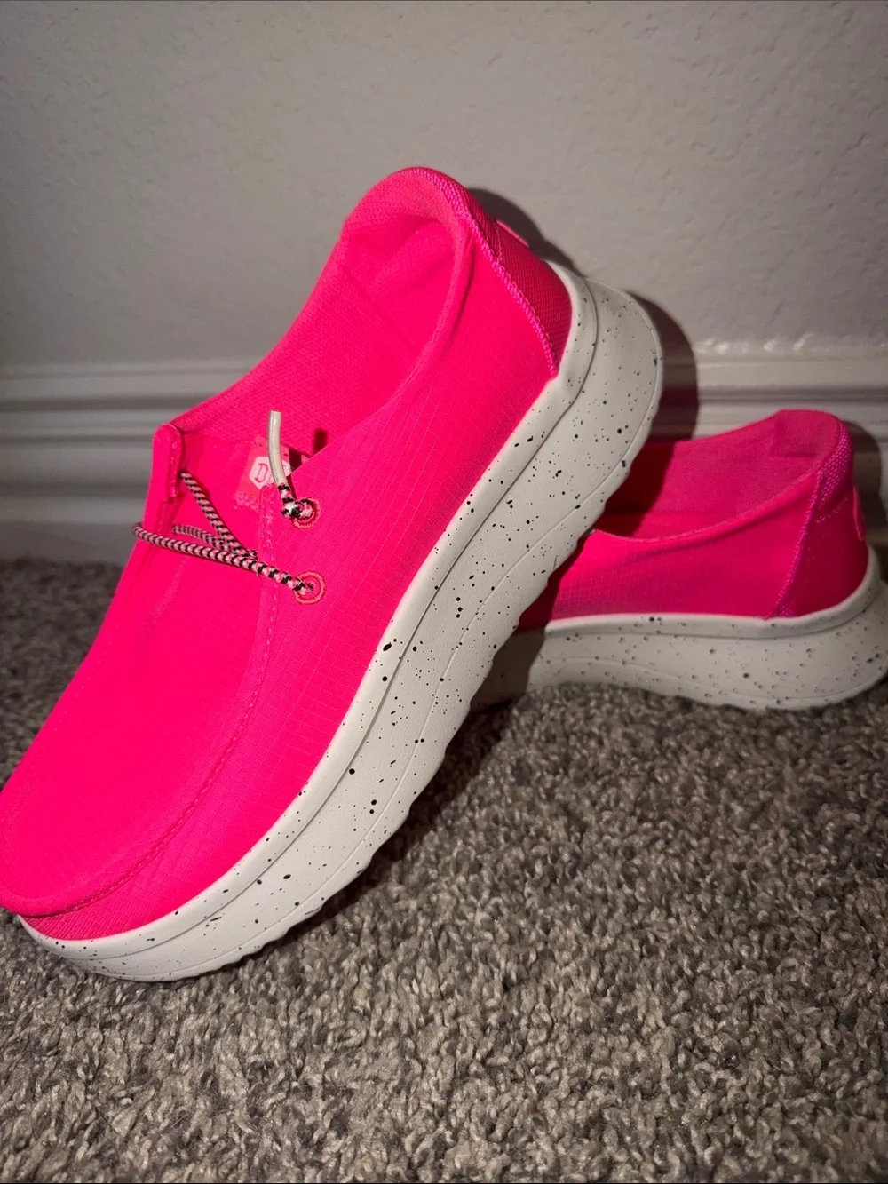 Hey Dude Women's Slip-On Sneakers in Hot Pink with Speckled White Sole - Picture 1 of 7